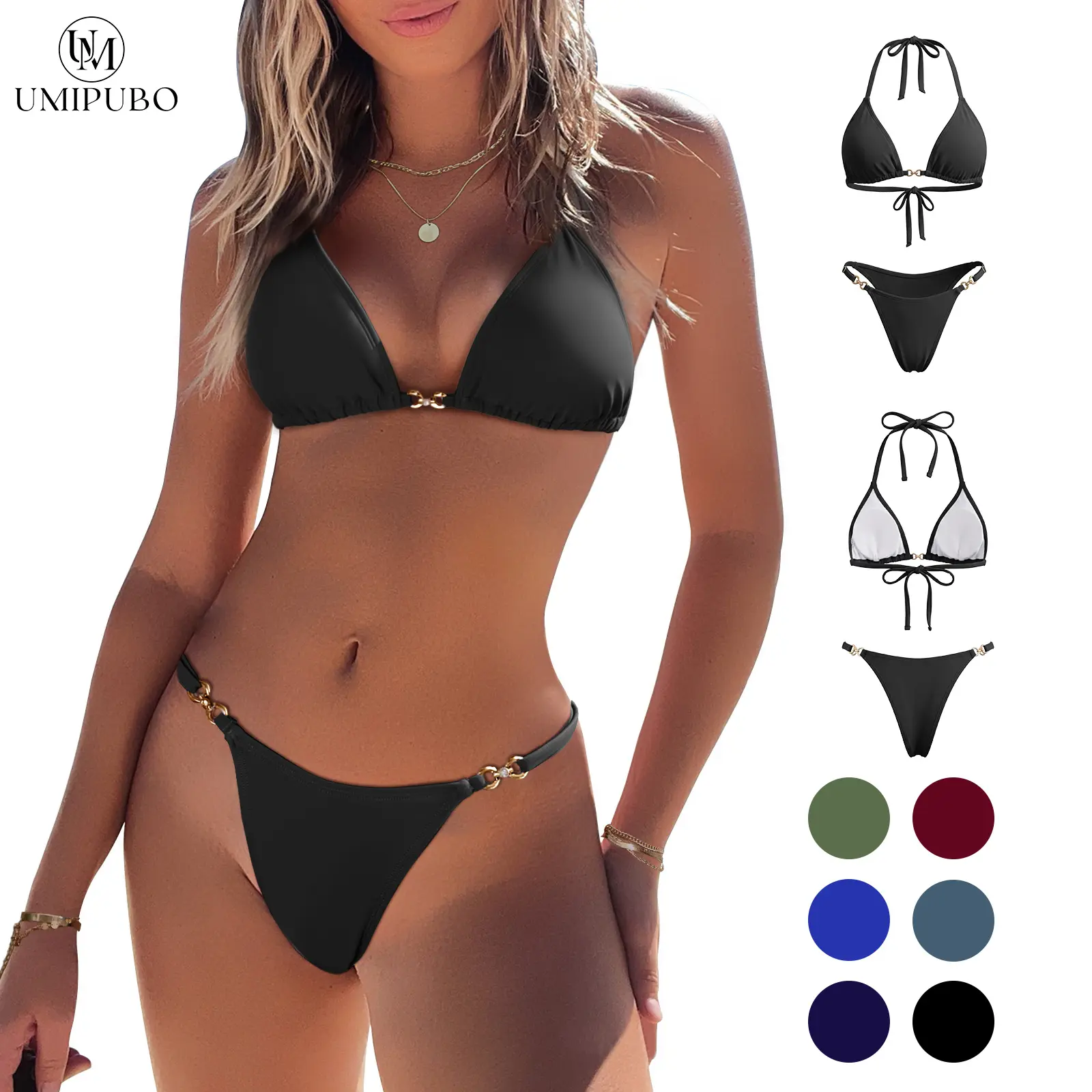 UMIPUBO Summer Sexy Thong Cheeky Bathing Suits Cute Tie Side Triangle Swimwear Women Two Piece Swimsuit Halter String Bikini Set in Black SwimWeek