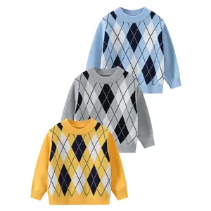 Three piece set of warm knitted sweaters for autumn and winter children, college style round neck diamond pattern children's clothing