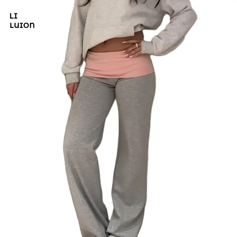 Women Fall Low Waist Flare Leggings Fold Over Skinny Yoga Pants Wide Leg Stretchy Bootcut Bell Bottoms Lounge Sweatpants