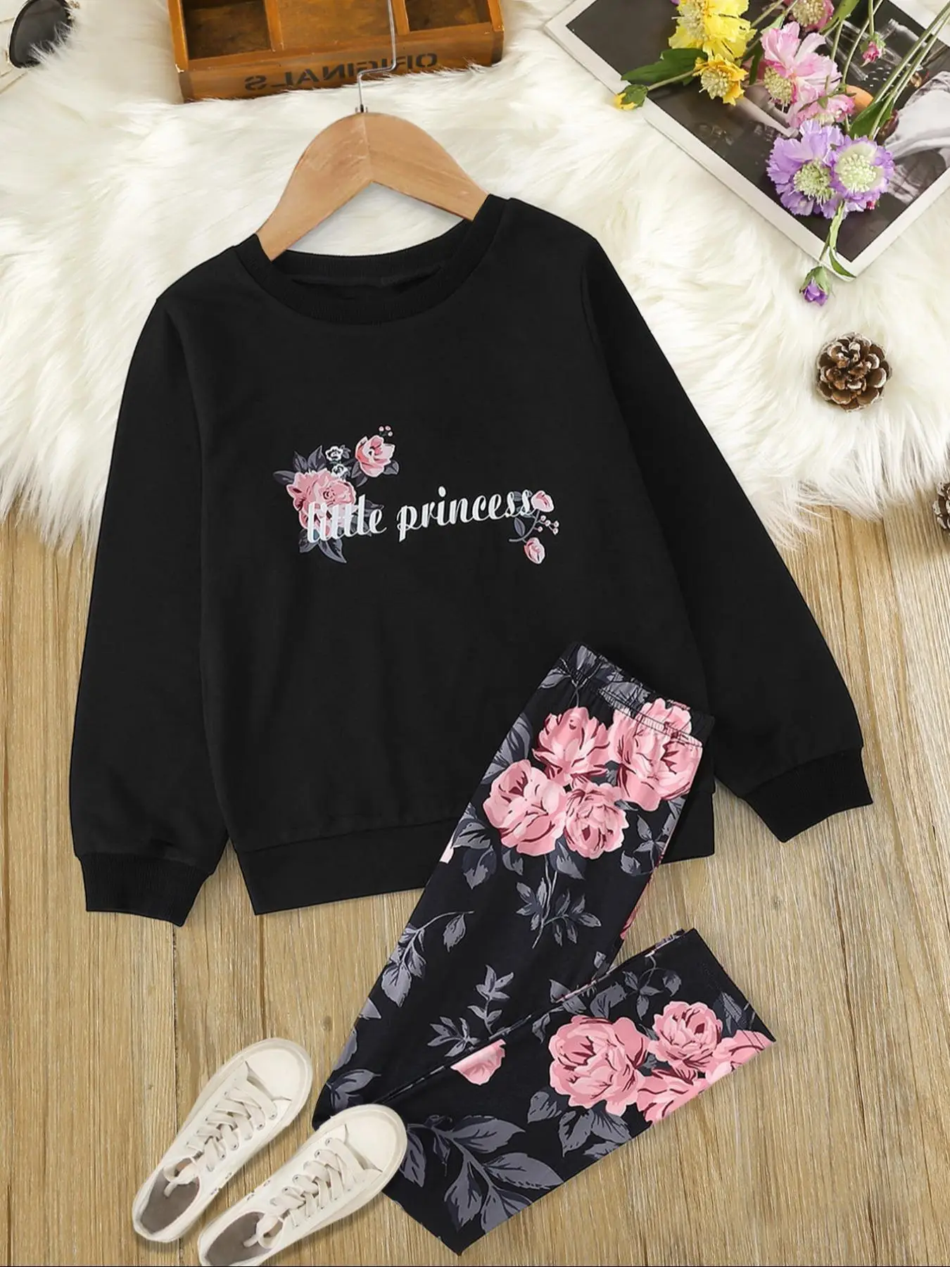 Two-Piece Set Girl's Floral Graphic Sweatshirt & Elastic Waist Skinny Pants Set, Casual Round Neck Long Sleeve Pullover & Trousers for Spring & Fall,