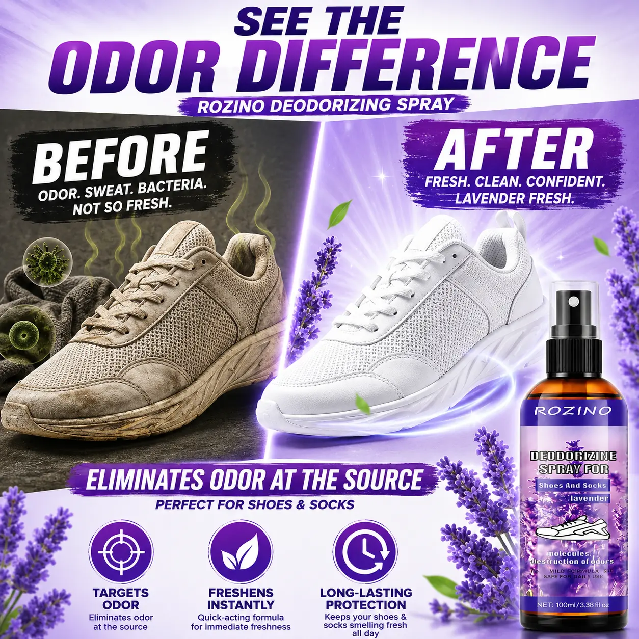 ROZINO Shoe Deodorizer Spray with Lavender Scent, Odor Eliminator for Shoes & Socks, Freshening Spray for Sneakers, Boots, Gym Bags, Closets and Lockers, Long-Lasting Footwear Freshener, Portable Shoe Spray, 100ml