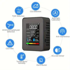 [6-in-1 Air Quality Monitor] 6-in-1 CO2 Air Quality Monitor | PM10 CO Meter with LCD Display, HCHO TVOC, PM2.5 & Gas Detector, 1200mAh Lithium Battery, Dual Power Mode, USB Rechargeable, Indoor Air Quality Analyzer for Home & Industrial Use