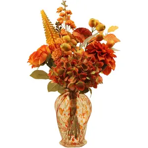 Verdeora Artificial Flower Arrangement with Art Glass Vase, Orange Dahlia and Hydrangea, 22 Inches Tall, Plastic Flowers, Indoor Decor