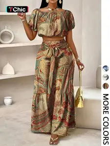 Women's Summer Paisley Print Vintage Aesthetic Vacation Two-Piece Set, Off-Shoulder Bubble Sleeve Crop Top + High Waist Drawstring Wide Leg Pants
