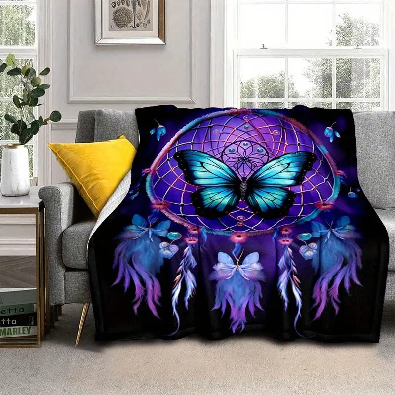 1pc 50x60in Dreamy Purple Butterfly Dreamcatcher Flannel Throw Blanket - Lightweight Digital Printing Fleece, Soft and Warm Fabric, Ideal for Couch, Travel