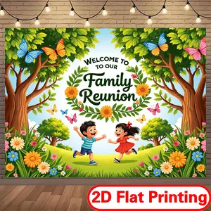 2D Flat Printing Polyester Banner Backdrop for Family Reunion Home Theater or Gaming Room Decor with Vibrant Design and Floral Wreath