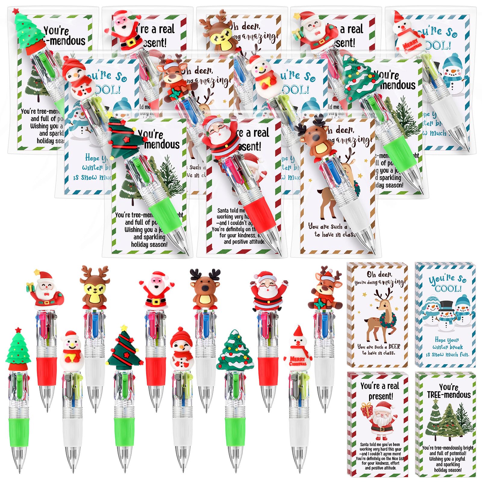 100PCS Christmas Multicolor Animal Ballpoint Pens Bulk - 4-in-1 Retractable Compact Multiple-Function Holiday Writing Pens with Gift Cards for School Classroom Rewards, Party Favors, Stocking Stuffers