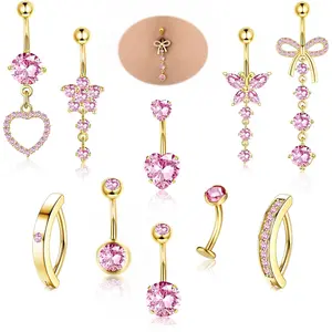 CASSIECA 10Pcs 14G Gold Surgical Steel Zircon Inlaid Heart Belly Button Rings - Women's Non-Tarnish Dangle Short Clicker Navel Piercings, Summer Body Jewelry Set