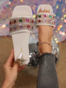Women's Square Toe Colorful Rhinestone Flat Sandals, Summer Outdoor Fashion Casual Comfortable Large Size Beach Slippers
