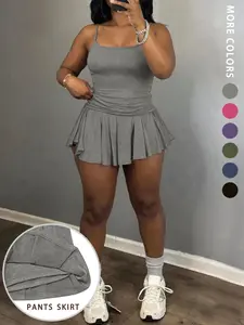 Strappy Short Skirt Pants Set, Grey, Casual Minimalist Fitted Slimming, Plain Pattern, Comfortable and Stylish, Perfect for Daily Wear