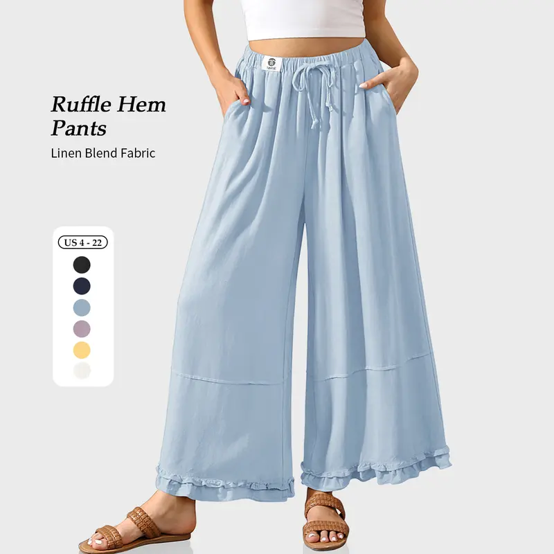 【SS26 Collection】TARSE Womens Linen Baggy Palazzo Pants Casual Ruffle Boho Wide Leg Cropped Flowy Drawstring Loose Lounge Pants with Pockets