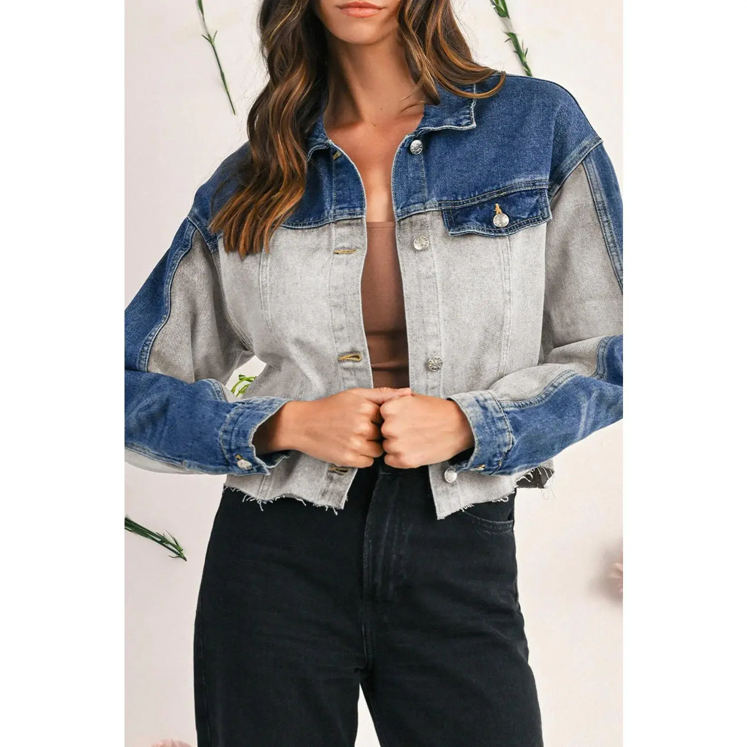 Women's Denim Jacket, Contemporary Distressed Patchwork Coat in Dusk Blue Cotton Blend for Layering, Coats, Strategic Patchwork Detailing, Contemporary Design Elements, Versatile Foundation, Vintage-Inspired Distressing, Durable Build, Tops, Style, Long S