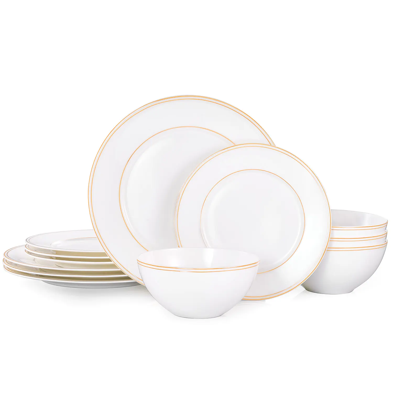 KINGSTONE 12-Piece Gold Rim Bone China Dinnerware Set for 4, White Plates and Bowls, Lightweight Fine China Dish Set for Home Dining and Entertaining, Hand Wash Only