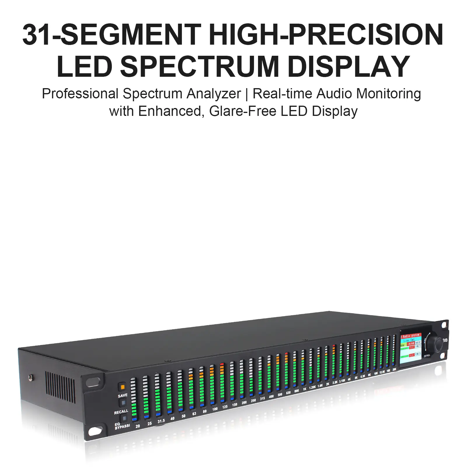 31-Band Dual Channel Digital Audio Equalizer - Real-Time LED Spectrum Display with Visibility, Noise Reduction, Large Screen Graphic EQ for Studio & Live Sound, Clearer Audio