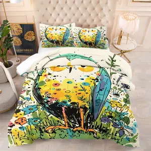 Painted Owl Pattern Bedding Set, Includes 1 Quilt and 1 or 2 Pillowcases Without Pillows, Soft Bedroom Decor Gift for Kids and Adults