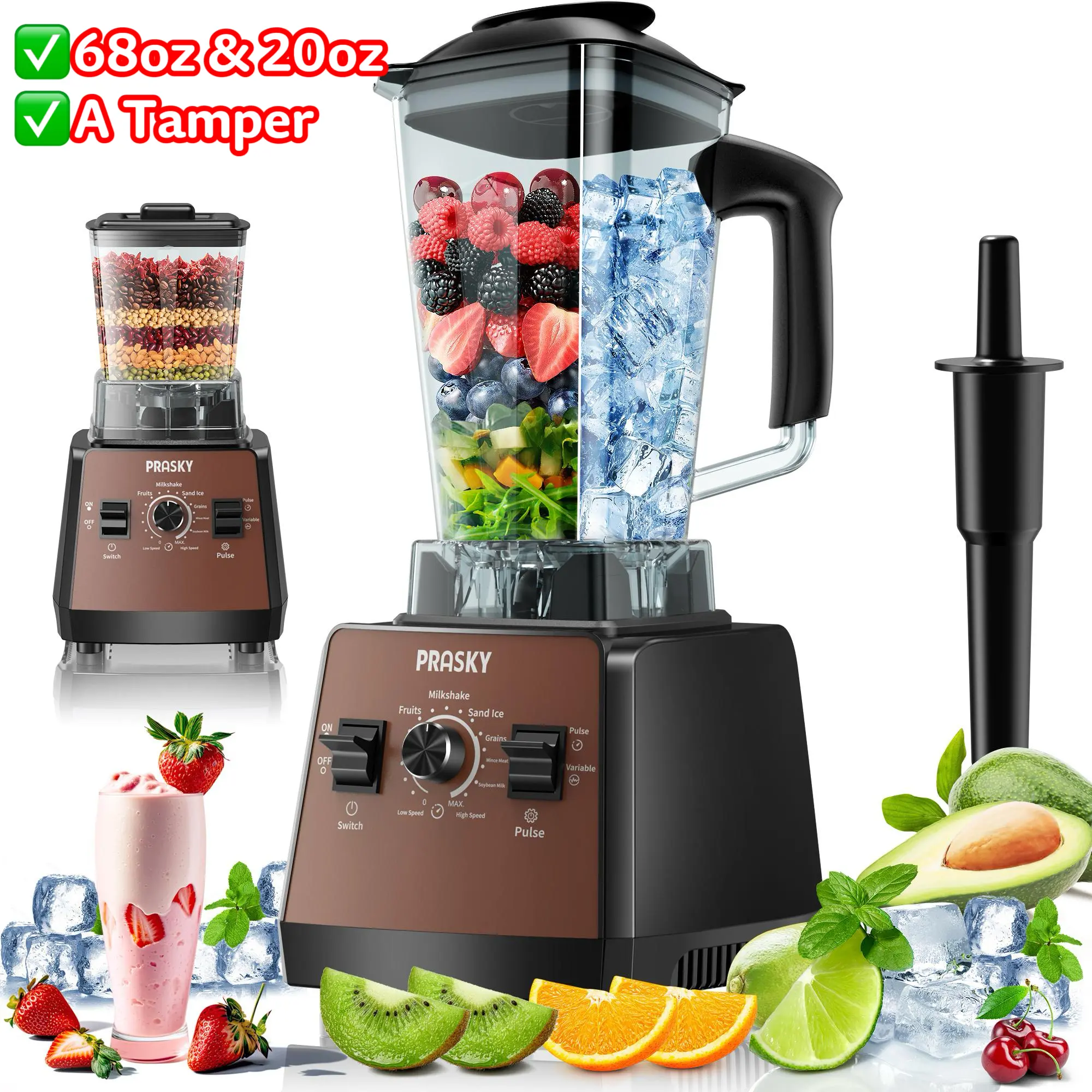 PRASKY 68oz & 20oz Blender with Tamper for Smoothies and Juices, Perfect for Making Smoothies and Juices, Include a Tamper
