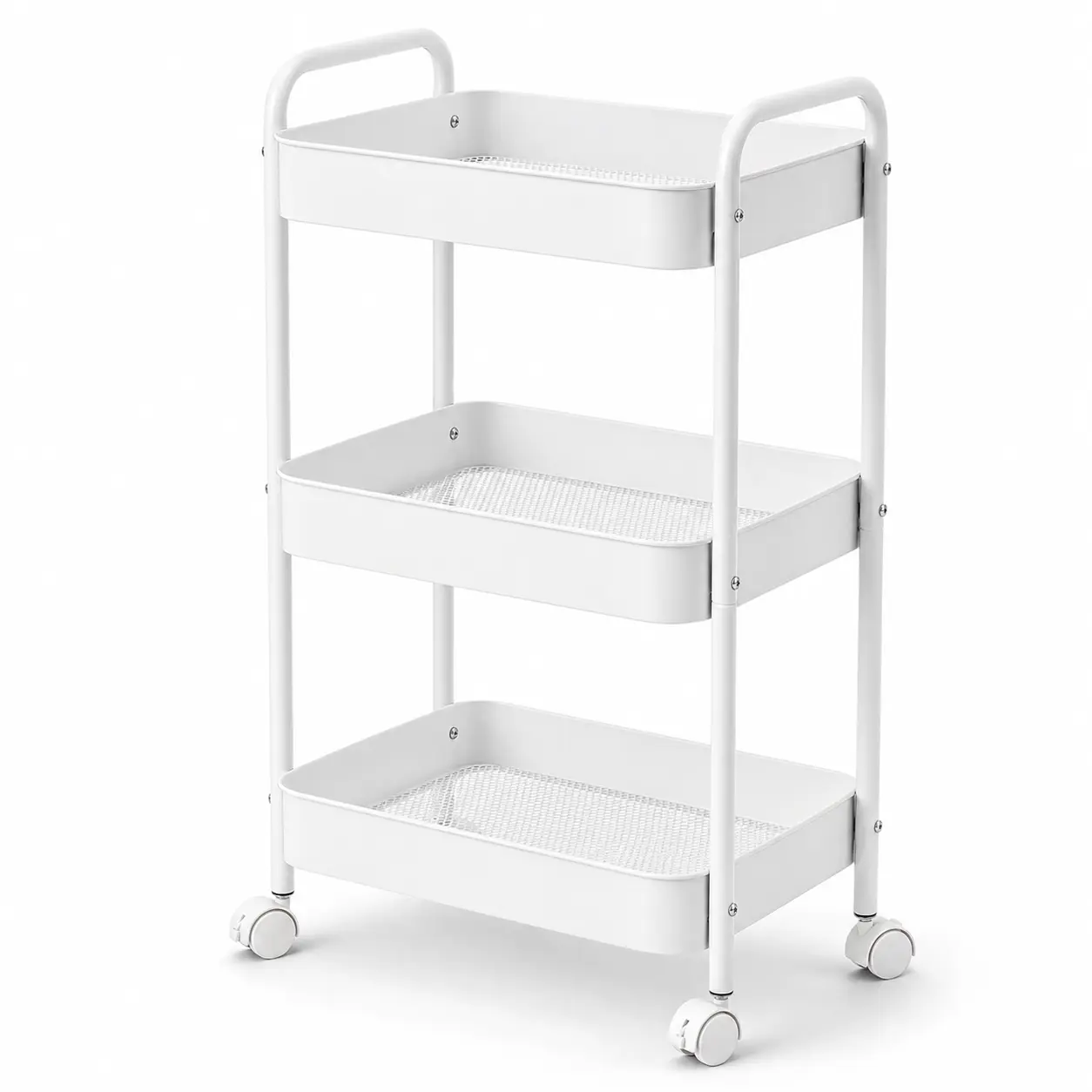 White Metal 3-Tier Rolling Storage Cart with 4 Hooks, Handle, Mesh Basket Shelves, Lockable Caster Wheels, Mobile Utility Organizer Racks for Kitchen, Bathroom, Small Spaces