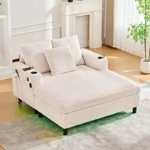 Modern Sleeper Sofa Couch Bed Corduroy Oversized Chaise Lounge Chair with Deep Seat, 3 Pillows, USB Charging, RGB LED Light Strip, Cup Holder, Side Pocket - Suitable for Living Room and Bedroom