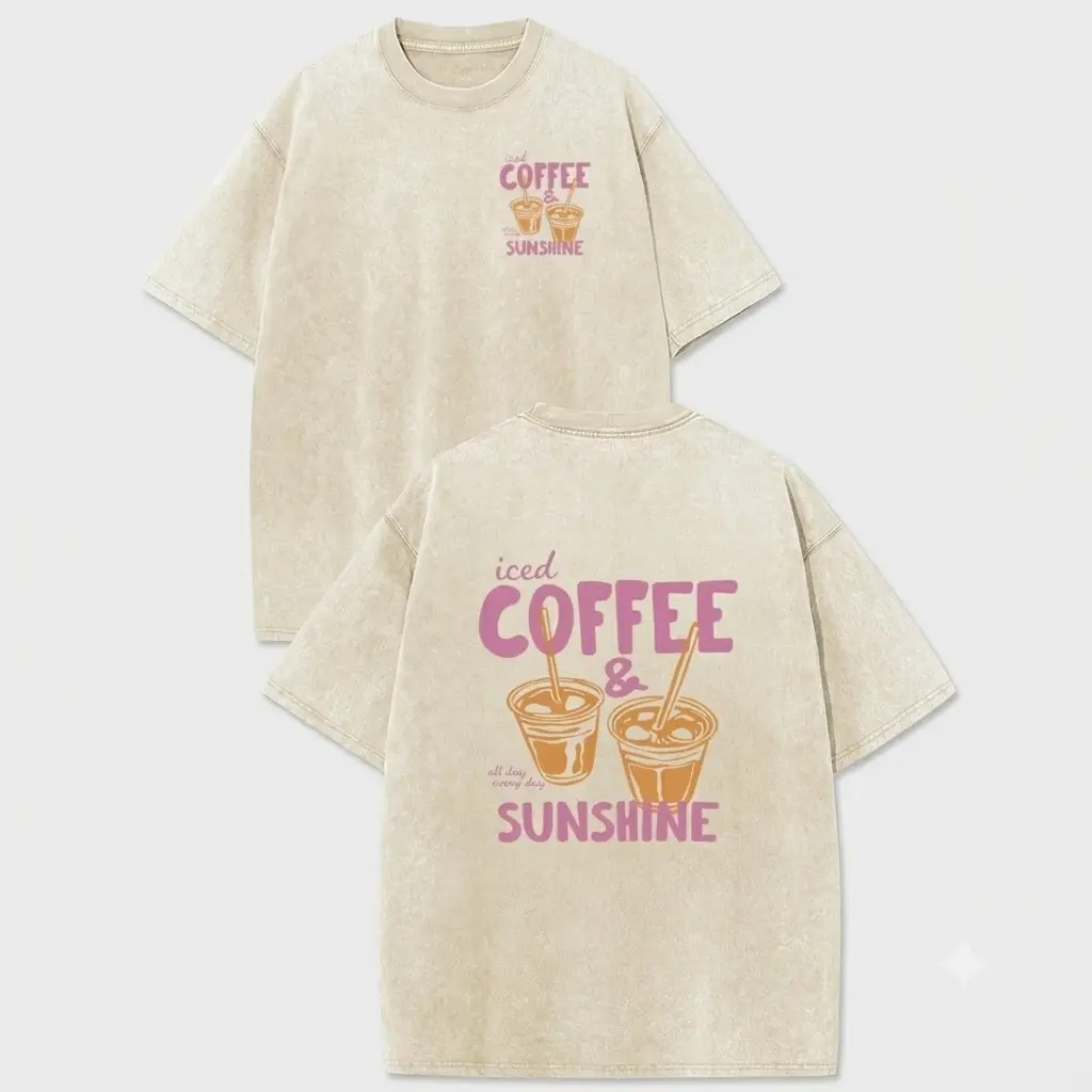 Oversize Acid Wash Vintage "Iced Coffee & Sunshine" Pattern T-Shirt, Coffee Lover Casual Graphic Tee, Heavyweight Cotton Streetwear Vintage Tees Unisex Crewneck Tshirt