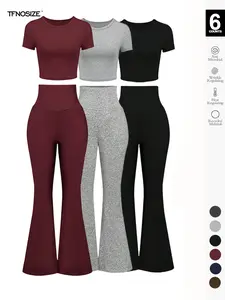 Women's 2-Piece Matching Loungewear Set, Short Sleeve Crop Top & High-Waisted Flare Leg Pants, Soft Material, Casual Fit, All-Season Comfort, Outfit