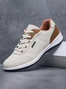Men's Solid Color Lace Up PU Leather Running Shoes, Casual Comfortable Breathable Anti-Slip & Wear-Resistant Low-Top Sports Shoes, Fashionable Sneakers for Daily Wear, Casual Running Footwear