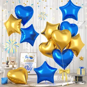 Blue gold heart-shaped balloon set, including 28 gold blue foil star balloons, 25.4cm heart-shaped balloons and star foil balloons, suitable for decorating men's baby parties, birthdays, weddings, anniversaries, and graduation parties