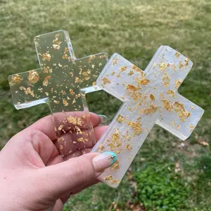 Handmade Resin Cross with Gold Accents - Decorative Religious Artwork