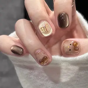 30pcs Short Square Round Nail Tips, Cute Cartoon Print with 3D Bowknot Decor and Sparkling Rhinestones, Includes Jelly File Strip, Glittering Fake Nails