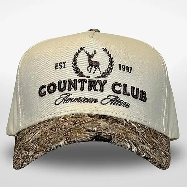 Vintage Country Club Trucker Hat for Men & Women – Camo Brim Snapback Cap, Retro American Outdoor Hunting Style Adjustable Baseball Hat