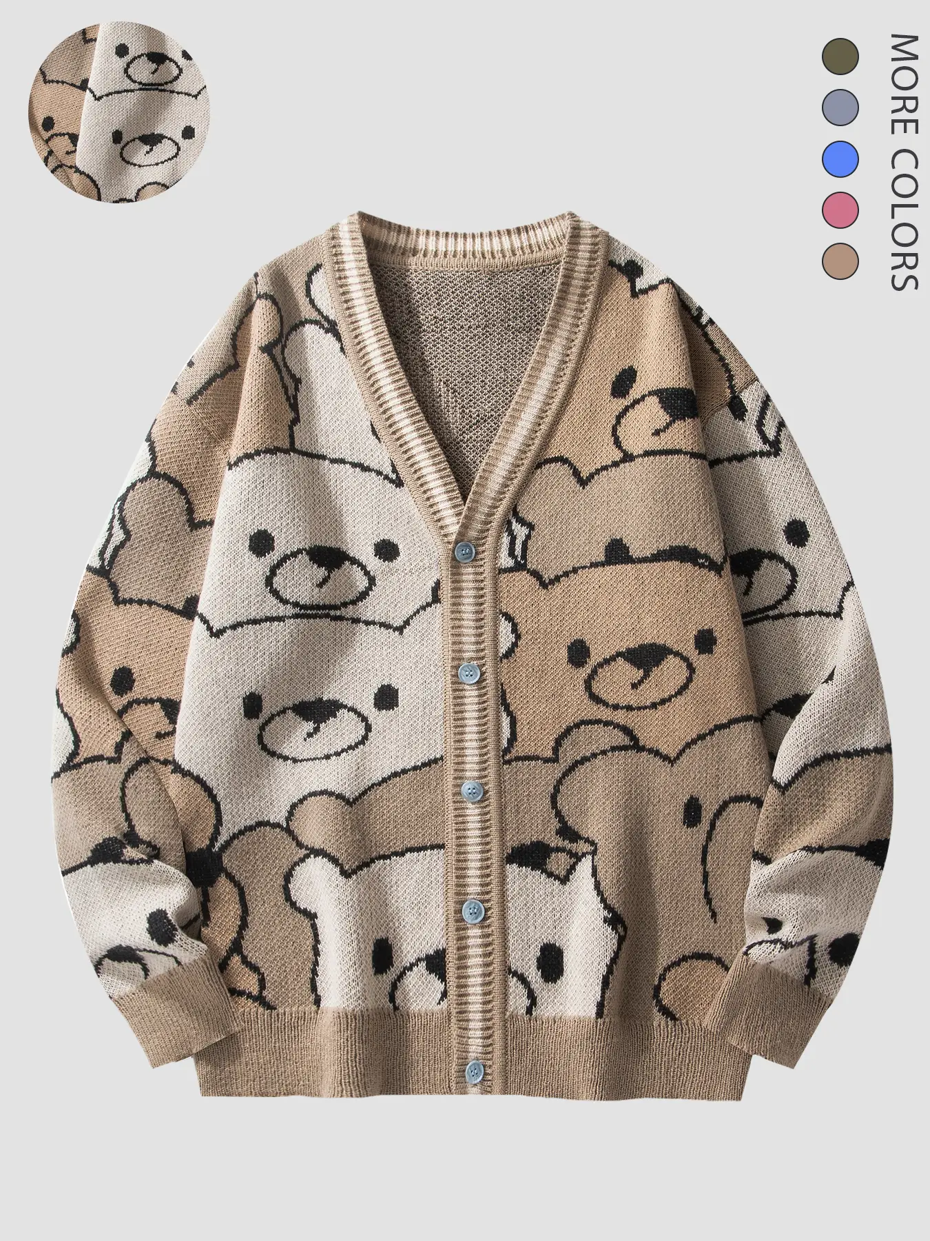 Women's Beige Bear Graphic Knitting Cardigan - Lady's Oversized Longsleeves V-Neck Button-Front Soft Girl Coquette Y2K Piece, Halloween Cozy Fall Preppy College Casual Streetwear Top