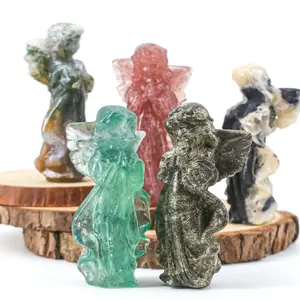 Exquisite Purple and White Guardian Peace Natural Crystal Angel Statue Carving Ornament