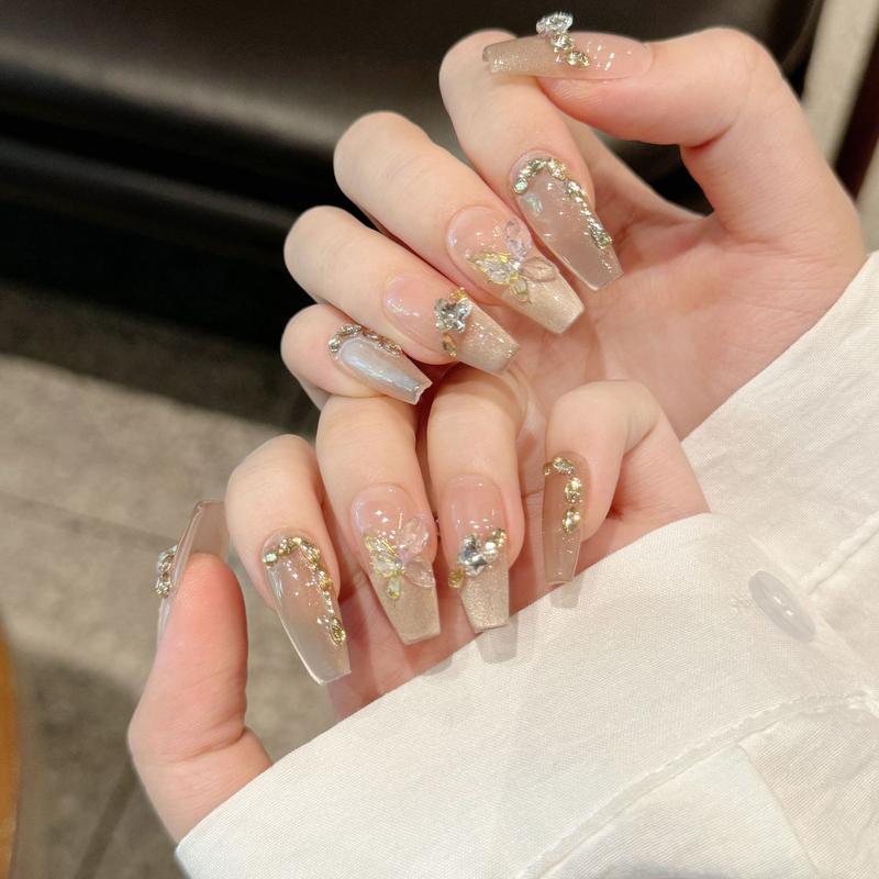 10Pcs Press on Nails Medium Almond Fake Nails with 3D Pearl Gold Beads Designs Stick on Nails 3D Flower Butterfly False Nails Spring Summer Acrylic Nails Silver Star Glue on Nails for Women