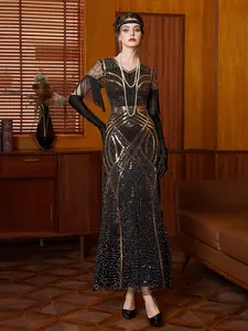 Women's 1920s Vintage Sequin Formal Party Dress, Round Neck, Fringe Shoulder Sleeves, Layered Hem, Slim Fit, Cocktail Party Wear