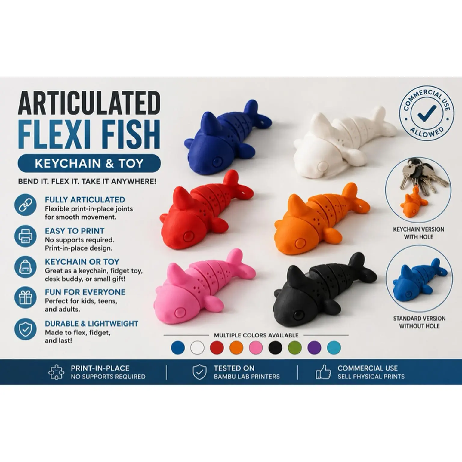 Articulated Flexi Fish Fidget Toy - Fully Articulated & Flexible PLA Material - Fun Keychain or Desk Companion - Multiple Colors Available - Perfect Gift for Kids Teens Adults