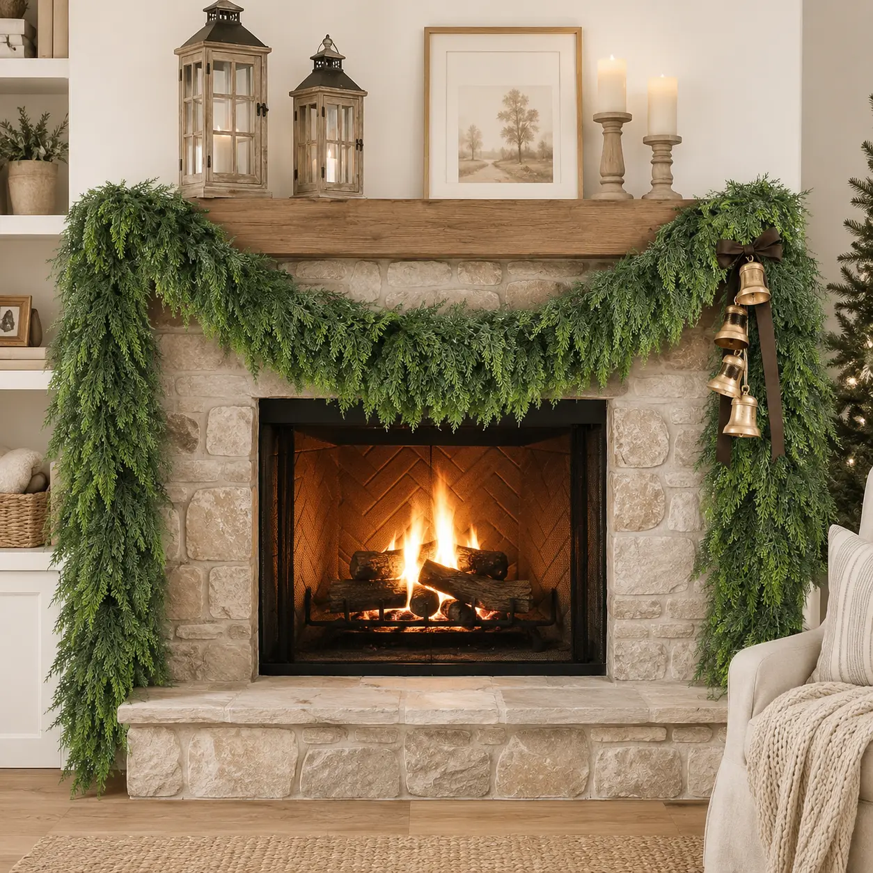 2 Pcs 6 FT Artificial Cedar Garlands, Real Touch Winter Cedar Garland, Green Artificial Greenery Pine Garland for Table, Mantle, Wall, Indoor, Outdoor Christmas Decorations (2, 6 FT)