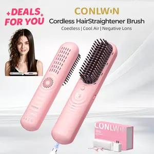 【Summer Vibes】CONLWIN Cordless Hot Brush,HairStraightener Brush,Mini Portable Straightener with Cool Air Setting & Hair Care,350M Negative lons for Frizz-Free,Cordless & Corded Dual-Use,Safe Mode,Gift