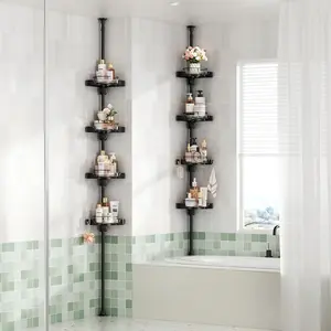 360? Rotating Shower  Tension Pole, 4 Tiers Corner Shower Organizer for Bathroom Shelf Bathtub, Adjustable Standing Shower Rack Bathroom Accessories, Easily Assemble, 34-124 Inch Height, Black