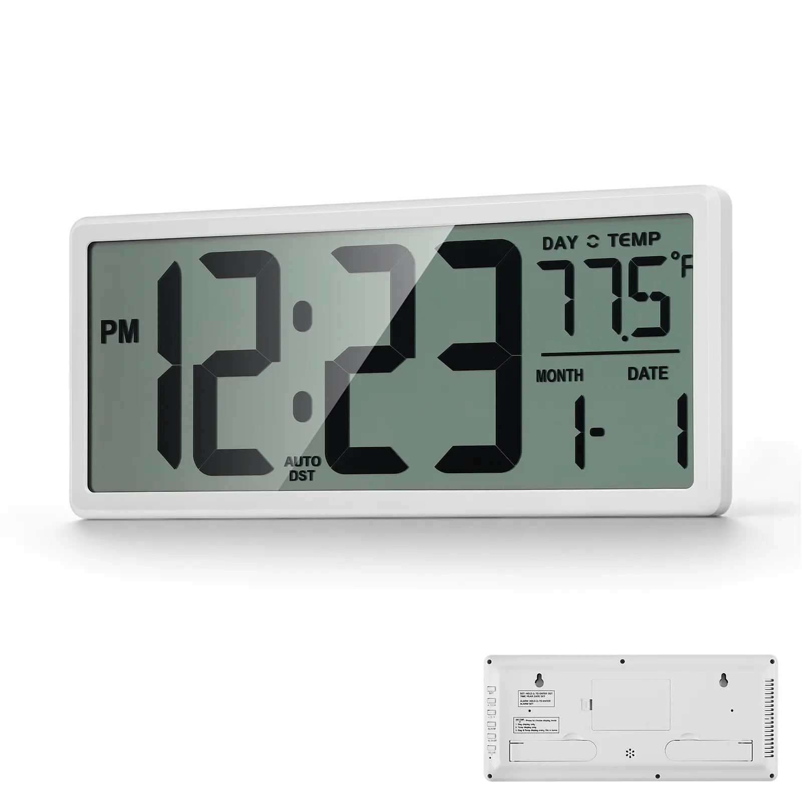 13.7 in Multi-Function Portable Digital Wall Clock - Battery Operated, Wide Display, Temperature, Date, Alarm, Auto DST, Wall-Mountable Home/Office Decor, Portable Digital Wall Clocks