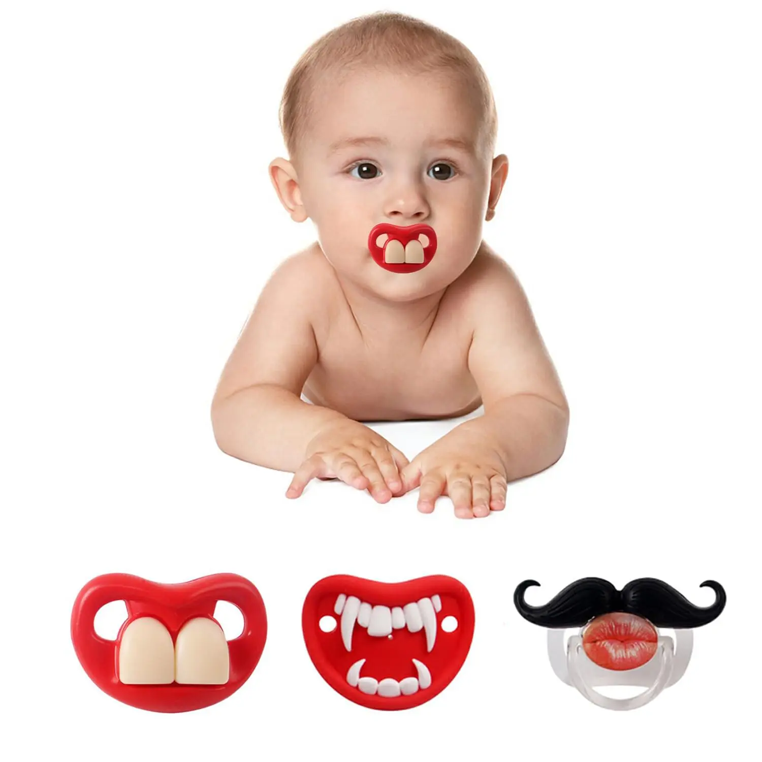 Funny Baby Pacifier, Cute Mustache Binkies, Fake Big Teeth Binky Bucktooth Halloween Pacifiers for Babies 0-36 Months, Silicone Nipple Baby Binkies, BPA-Free, Gift for Infants