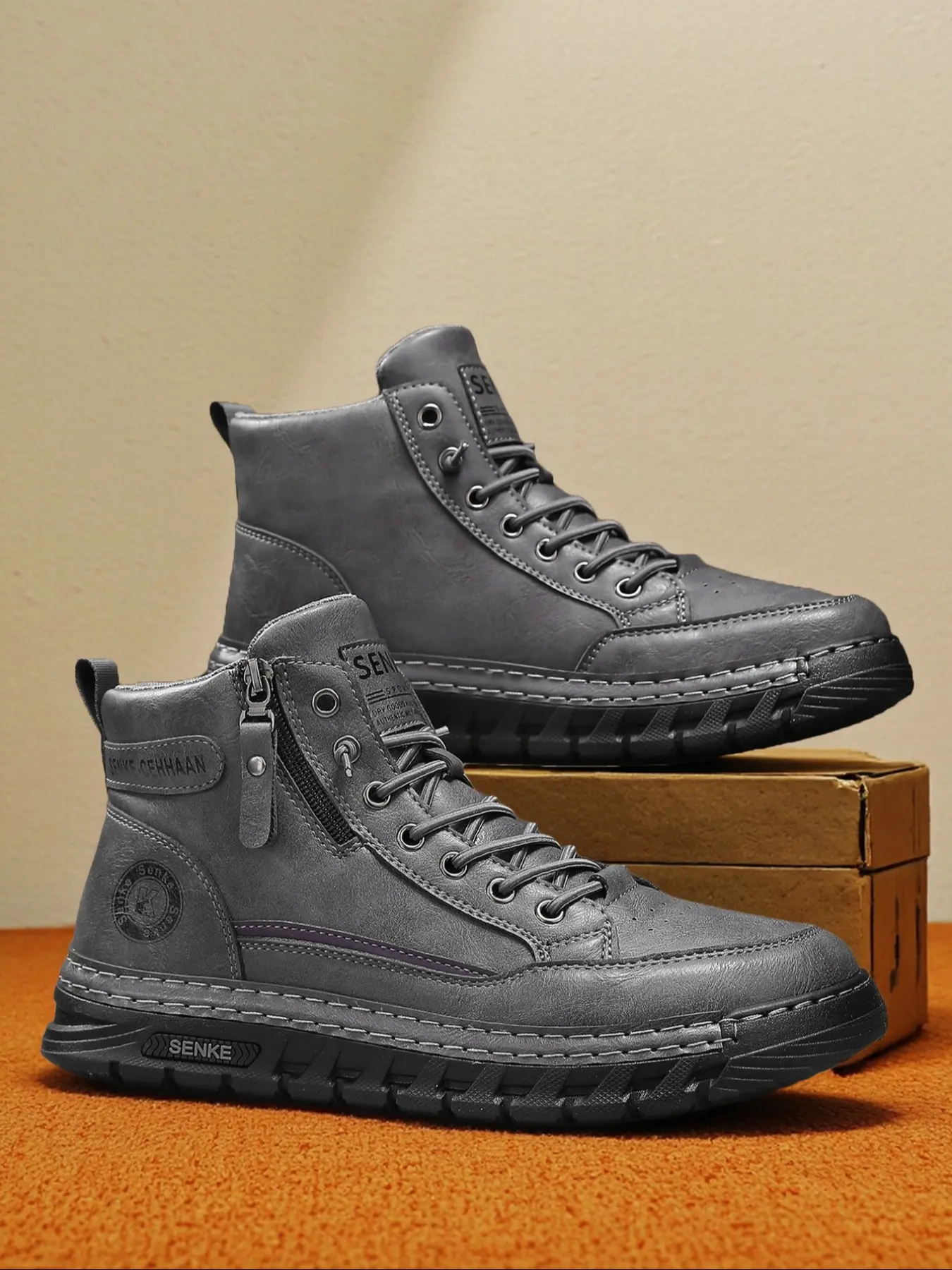 Men's Classic High-Top Lace Up Boots Fall & Winter, Waterproof PU Leather, Anti-Slip Thick Rubber Sole, Vintage Style, Outdoor Casual Streetwear Footwear