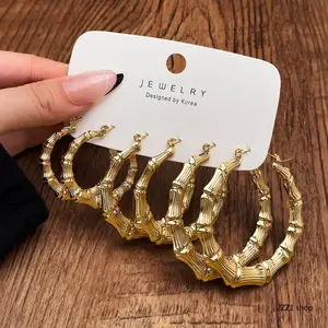 Chunky Gold Bamboo Hoop Earrings Set for Women, Trendy Hip Hop Large Round Circle, Aesthetic Textured Joint Creoles Statement Punk Jewelry Multi Pack