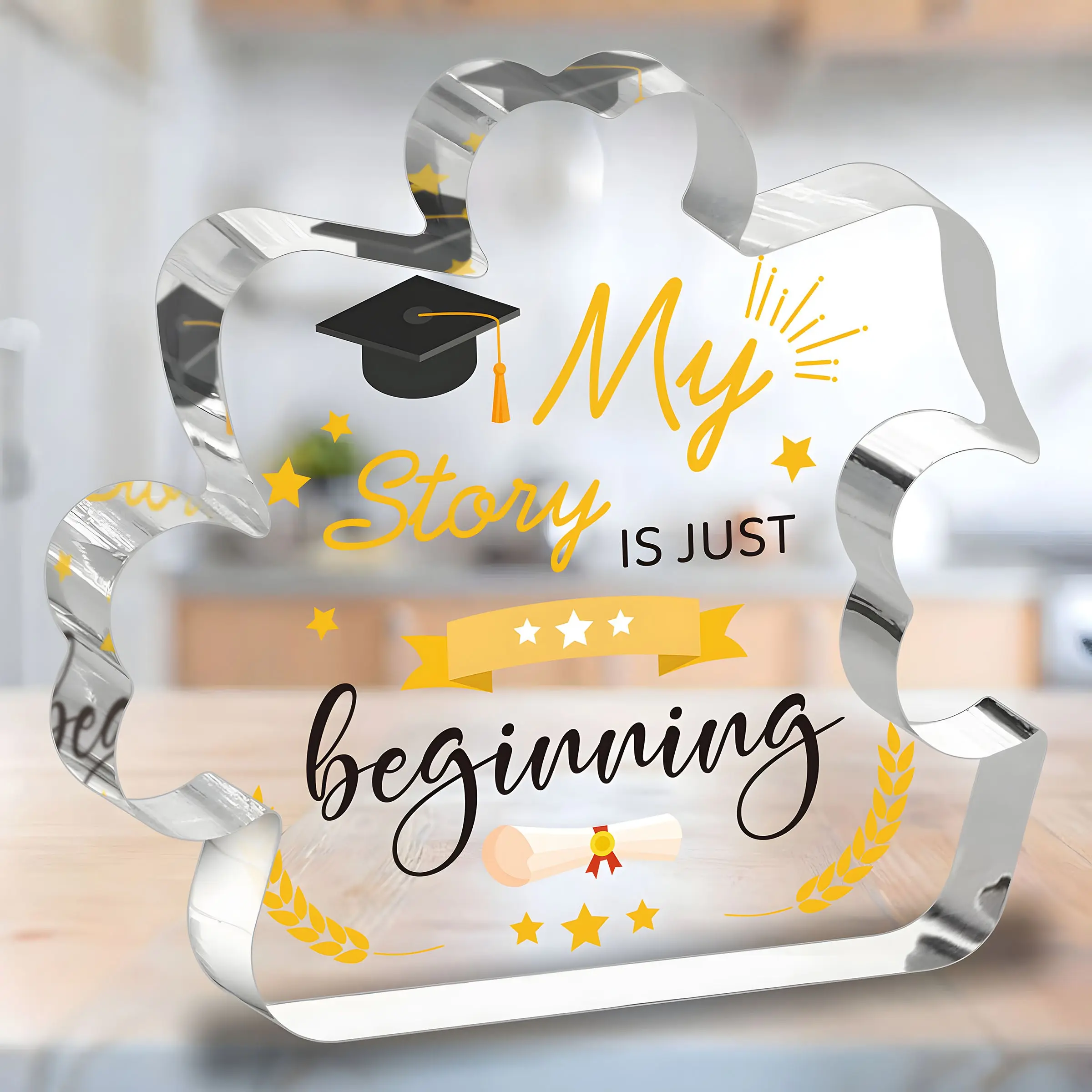Graduation Season 2D Plaque, Transparent Acrylic Desk Decor, Customizable Text, Unique Shape, Ideal Gift for Graduates, Academic Achievement