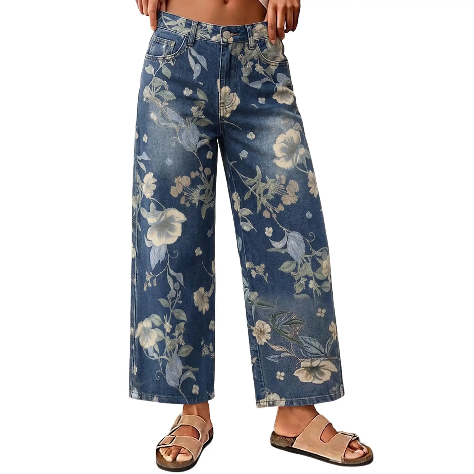 CHOUYATOU Women's Retro Floral Denim Wide-Leg Pants, Boho Clothes for Women with Zip Fly and Pockets for Party, Daily Leisure, Button, Check