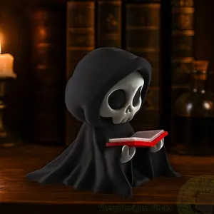 Grim Reaper Reading Figurine – 3D Printed Gothic Decor, Glow in Dark Book, Book Lover Gift, Spooky Shelf Decoration
