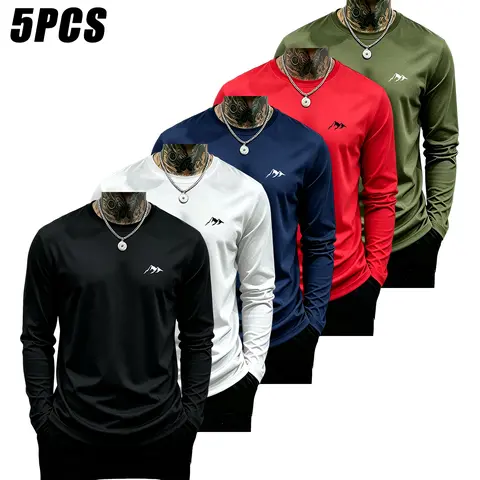 JOGWAVE Men's 5-Pack Graphic Long Sleeve Activewear T Shirts - Polyester Blend, Moderate Stretch Technical Tops, Fitness Workout Shirt, Autumn Casual Solid Color Male Sports Clothing, Activewear T Shirt