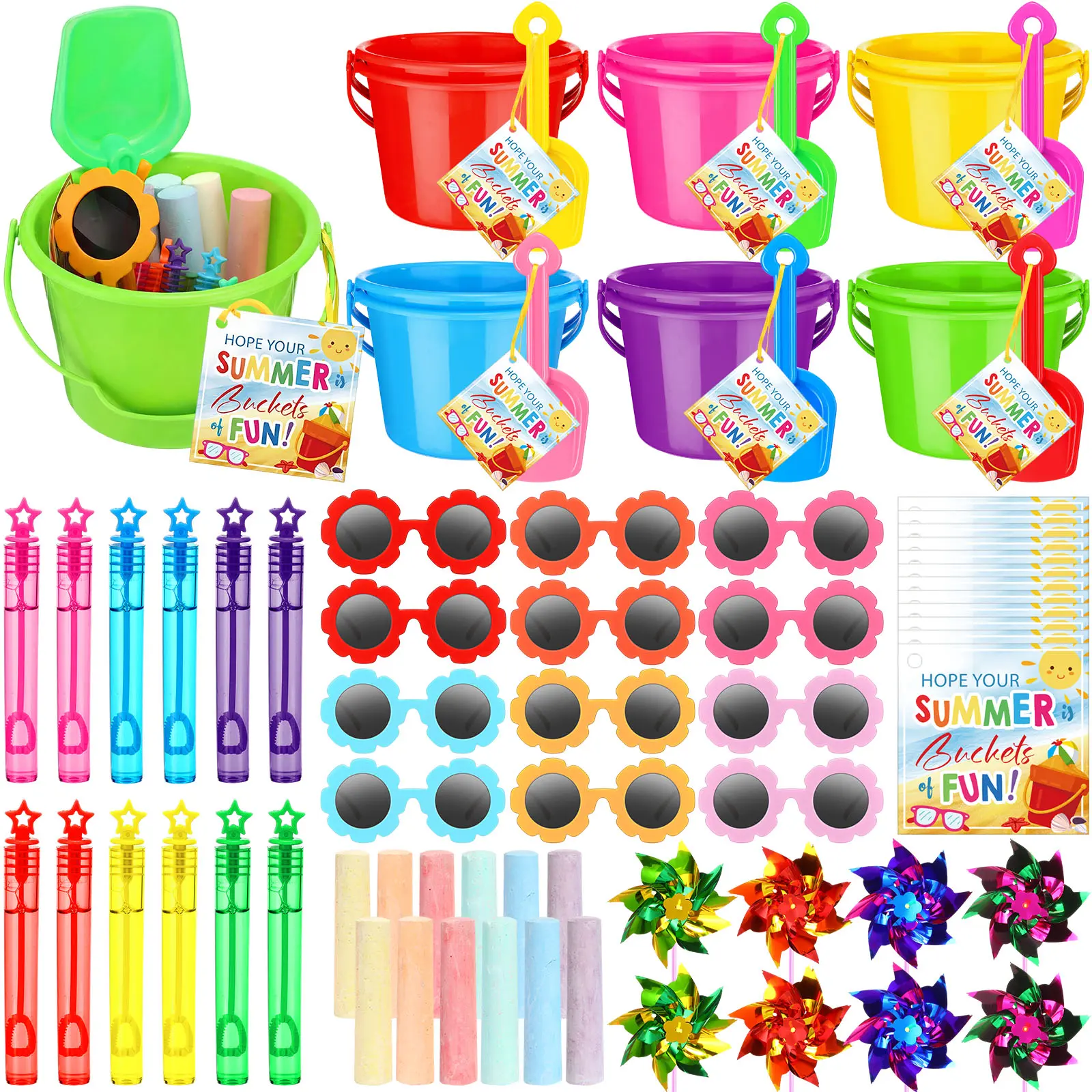 24 Sets Unisex End of Year Teacher Gifts Plastic Buckets Bulk - Goodie Bags Fillers with Cards, Class Rewards for Preschool Kids, Summer Party Supplies