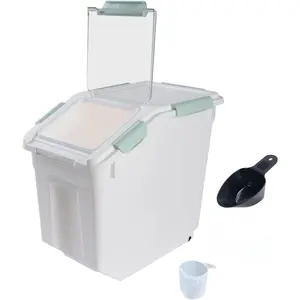 Airtight Flour Storage Container 25 lb Rice Storage Container with Wheels Seal Locking Lid, Food Containers with Measuring Cup& Scoop for Flour, Rice, Grain(Cyan)