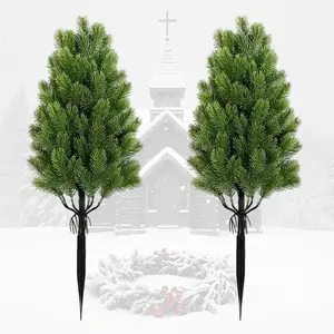 2 Artificial pine needle Christmas trees - realistic indoor/outdoor green plants, sturdy black pointed base, weather-resistant plastic material, suitable for garden and courtyard holiday decoration, maintenance-free modern mini holiday ornaments, the best
