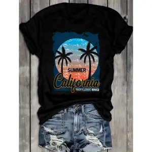 Womens Summer California Graphic Tee Short Sleeve Cotton T Shirt Vintage Sunset Palm Tree Beach Vacation Casual Streetwear Festival Outfit Gift