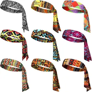 Stylish  Print  Tie and Headbands: 9 count Soft Long Unisex Adjustable Headwraps, Hair Athletic Bands for Running, Tennis, and